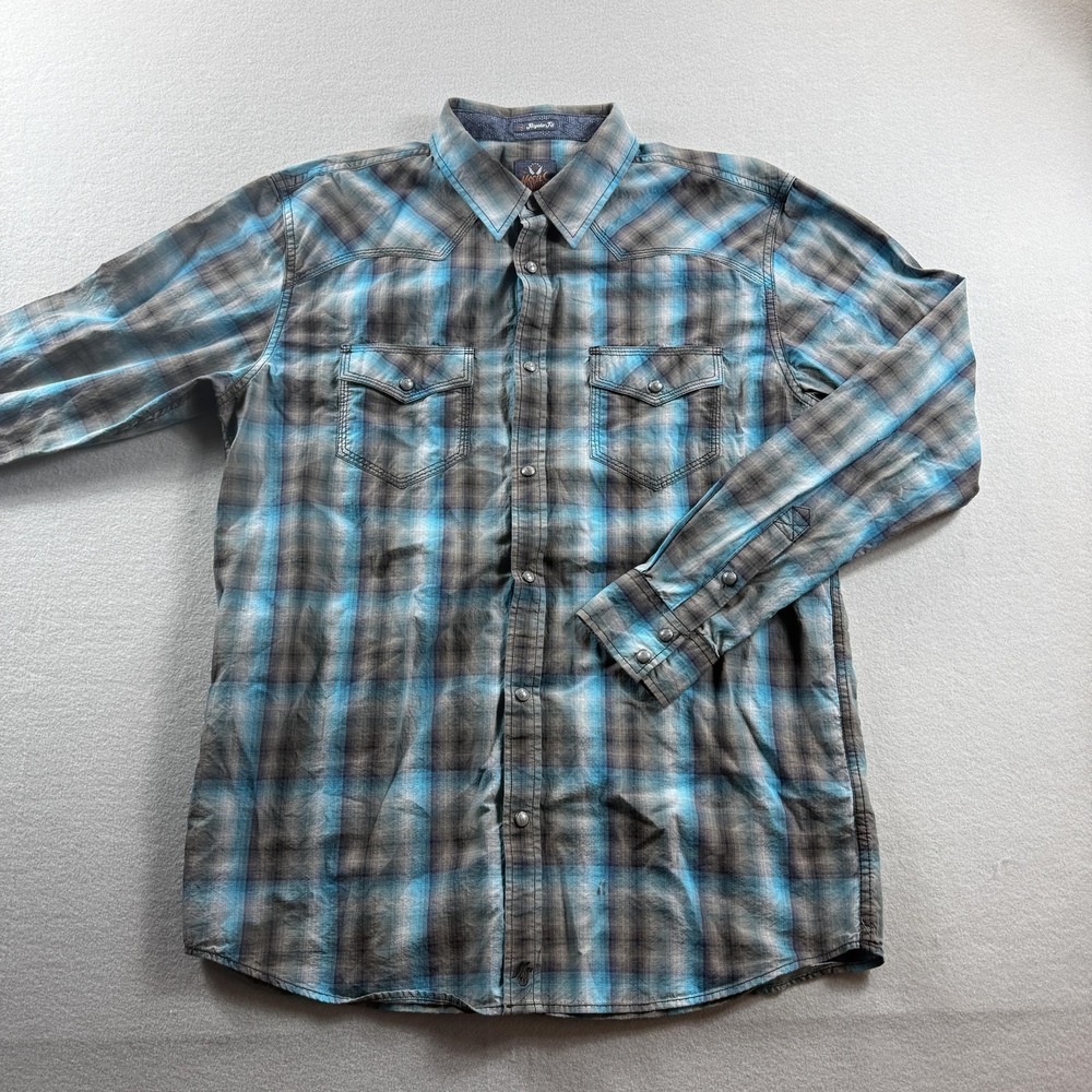 Moon Shine Spirit Shirt Mens Medium Blue Plaid Western Snap‎ Long Sleeve Cowboy